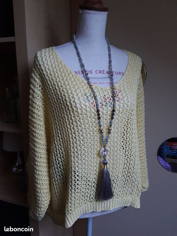 Pull maille ajourée neuf jaune pastel (image 1)
