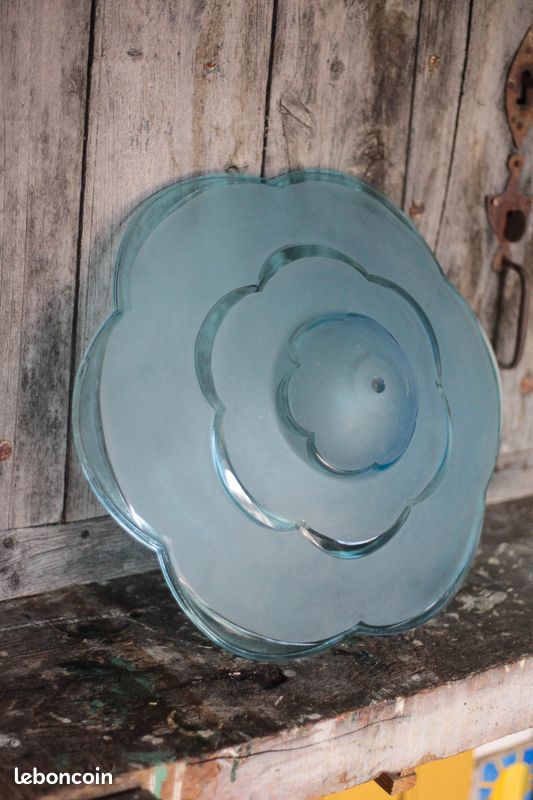 Vasque lustre art déco signée Degué vintage, vasque suspension bleu (image 4)