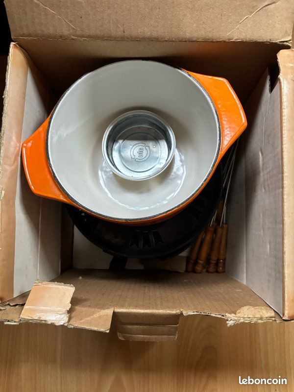 Service à fondue vintage en fonte émaillée orange Nomar avec boîte d’origine (image 12)