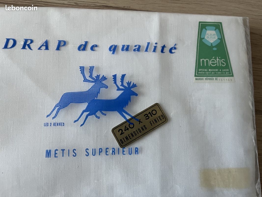 Drap Métis Ancien Neuf Bourdon - Broderie Et Liseré Bleu - 240x200 Cm - Fabriqué France