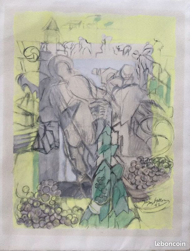 Jacques VILLON 1875-1963.Les vendanges,1952.Lithographie.SBD.28x21.Cadre (image 3)