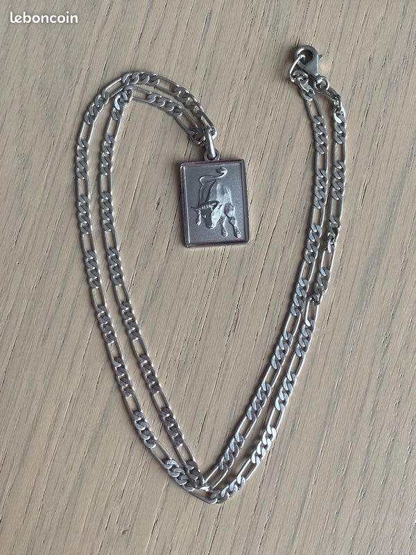Collier Pendentif Taureau Argent Et Cornaline - Avec Chaîne, Poinçons, Occasion TBE
