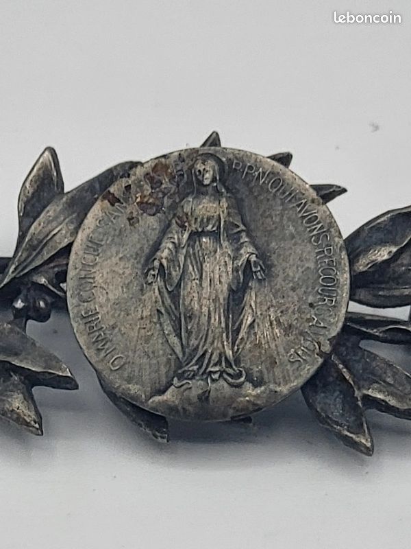 Broche Ancienne Vierge Marie En Argent Massif émaillé - Vintage