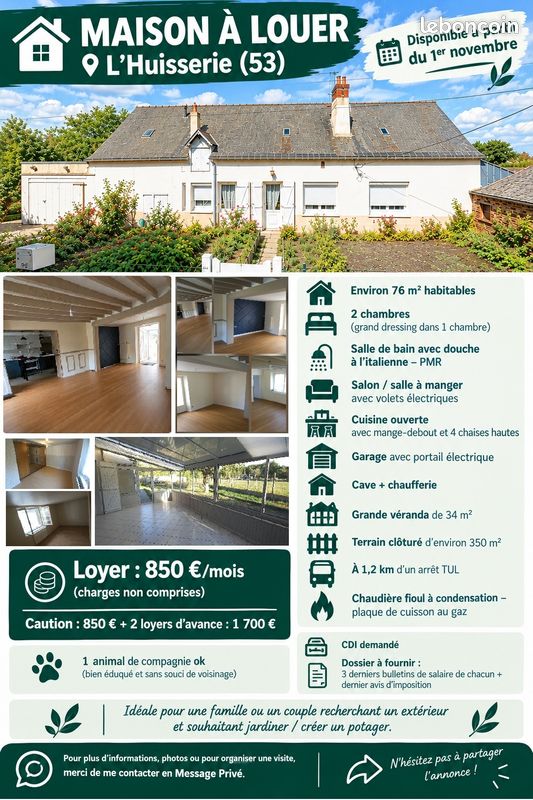 Maison 4 pièces 76 m² · à L'Huisserie · 76 m² · 850 €/mois