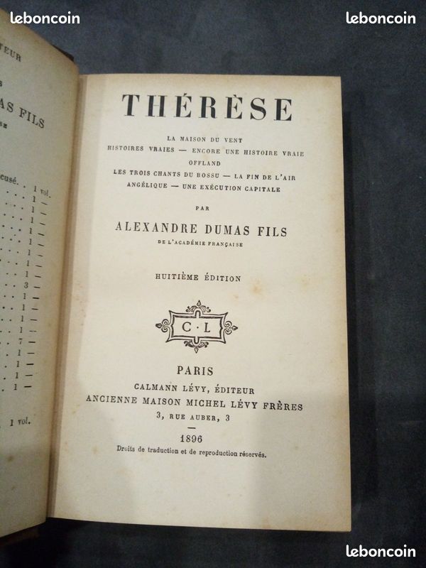 Vieux livre ancien « Thérèse » Alexandre Dumas fils (Paris 1896 – Calmann Lévy éditeur – Girard et Cie) (image 3)