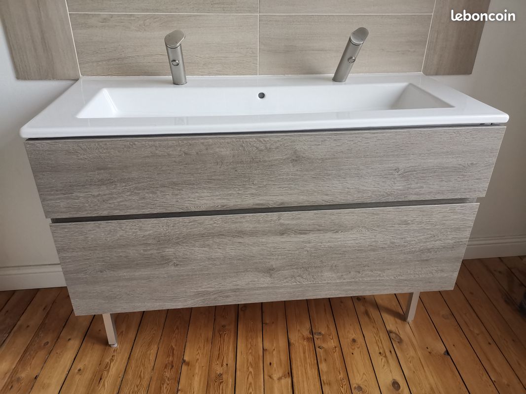 Meuble double vasque Cooke & Lewis CALAO 120 cm, coloris chêne gris, état neuf, vendu sans robinette (image 1)