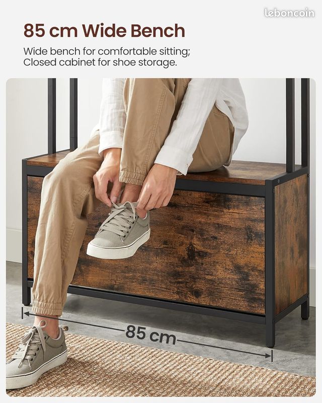 Meuble d’Entrée 4-en-1 avec Banc, Vestiaire Industriel à 9 Crochets et Rangement à Chaussures Fermé (image 5)