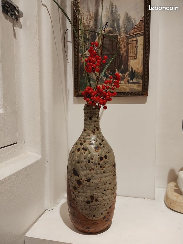 Vase bouteille en grès pyrite terre de Puisaye Charles Gaudry avec un élégant col (image 1)