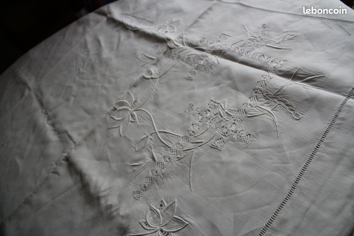 Grand Drap Brodé Ancien Coton – 290x200cm – Jours, Retour Et Plumetis – Blanc