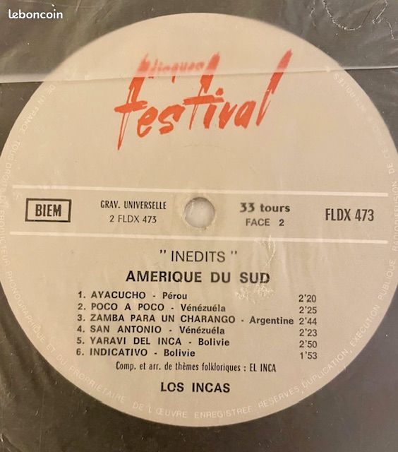 Disque Vinyle 33T LP : Los Incas – "Inédits", Amérique Du Sud (image 1)