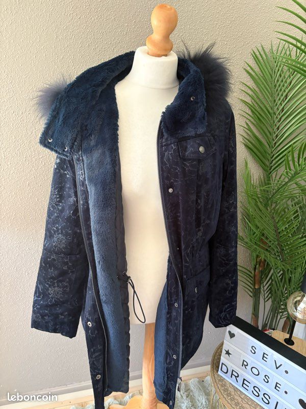 🧥 Manteau Parka Fred Sabatier T44 XL Bleu Marine Vraie Fourrure Raton Laveur Chaud (image 10)