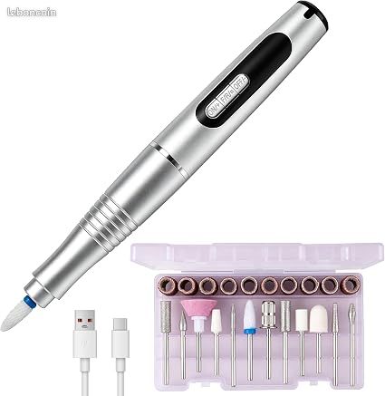 Ponceuse à Ongles Électrique Rechargeable USB-C 35000 RPM avec Écran LED Argentée (image 1)