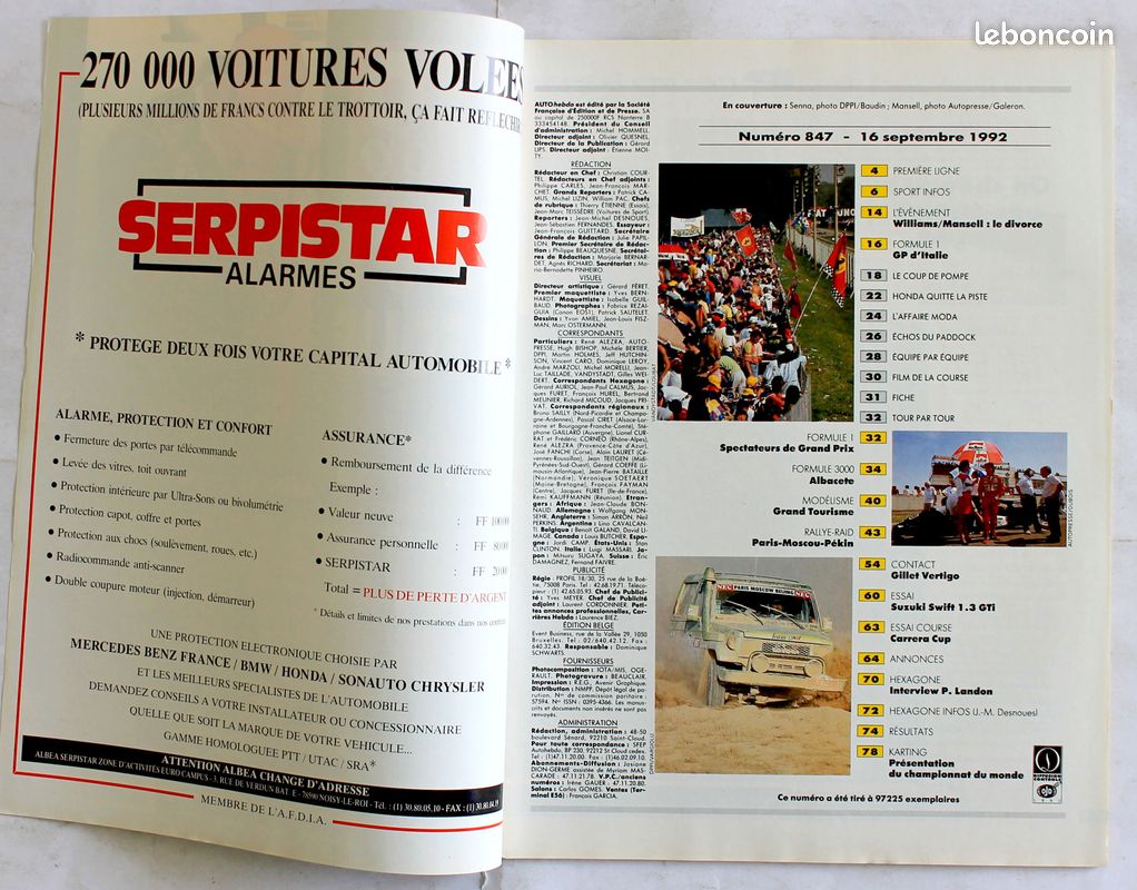 ANCIEN MAGAZINE 4 REVUE AUTO HEBDO 1992 N846 à 849 456GT COBRA HONDA RENAULT (image 3)