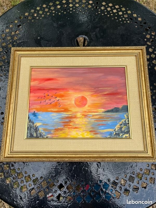 Peinture originale signée , coucher du soleil sur la mer, 24x32 (image 1)
