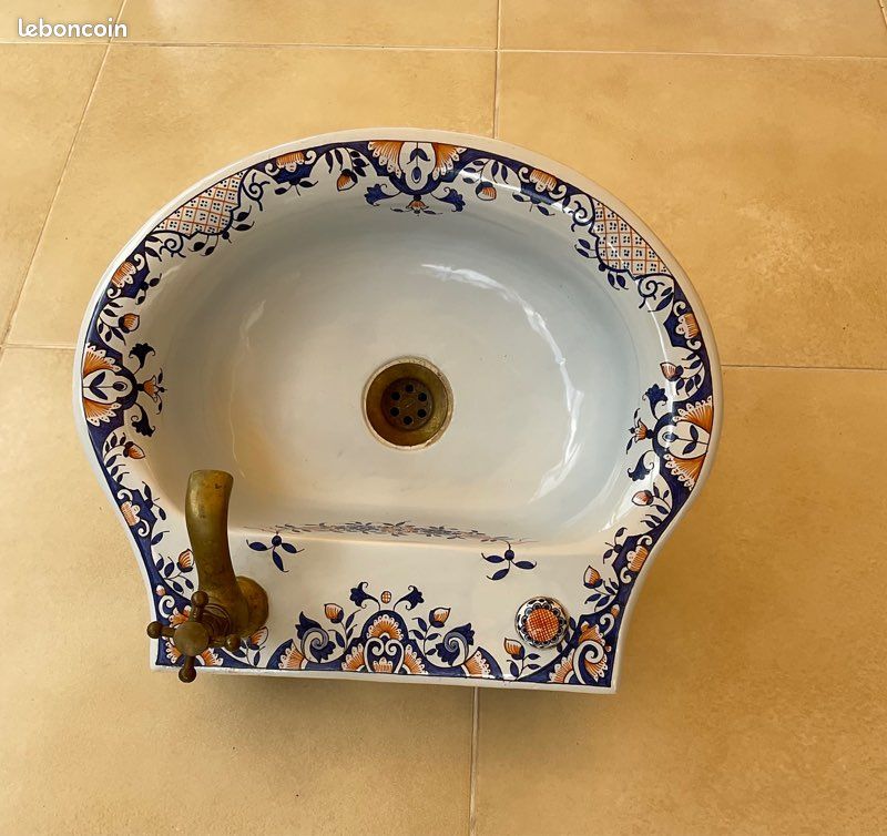 Vasque faïence vieux Rouen fait main+tablette+porte serviette (image 5)