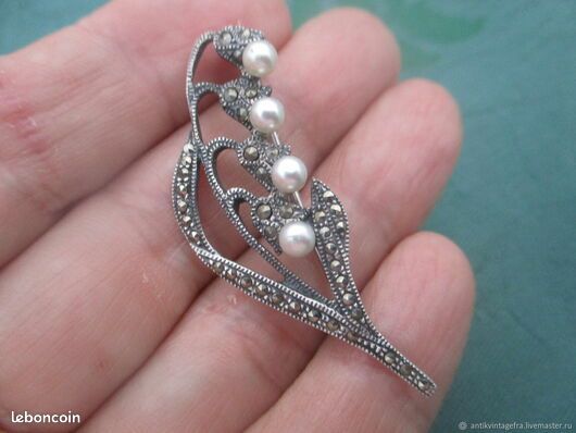Broche Art Déco Argent 925 Marcassites Perles - Occasion - 60x35mm
