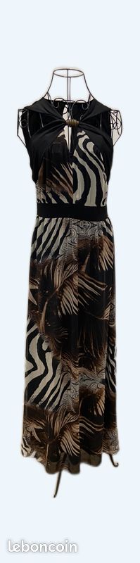 Robe Longue Morgan – Taille 38 – Couleur Beige Et Noir Imprimé – Style Maxi Asymétrique – Occasion Très Bon état