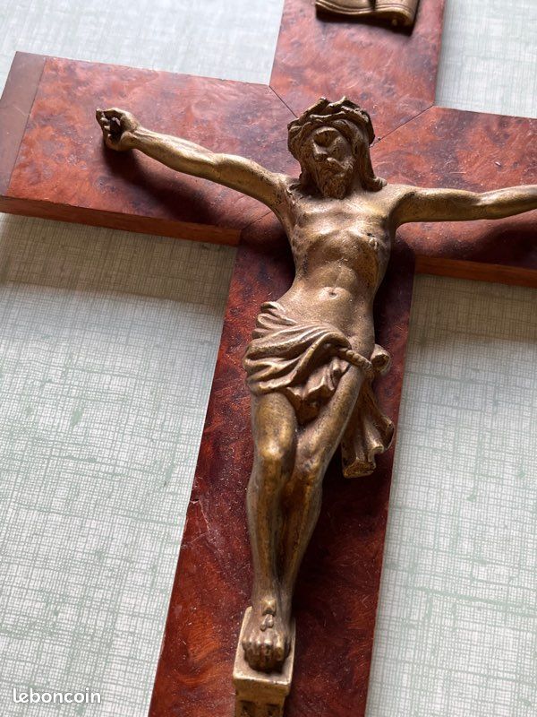 Crucifix bois vintage métal ancien INRI 35 cm (image 3)
