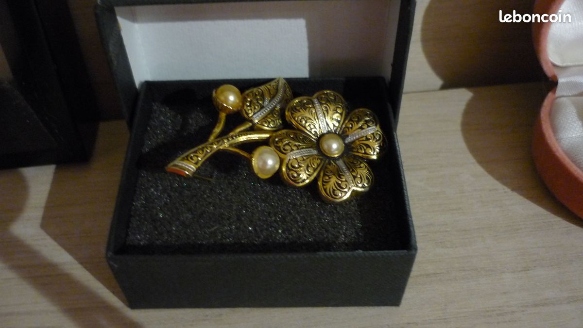 Broche Ancienne Porte-Bonheur - Trèfle Cristal Citrine Doré - Bijou Vintage Occasion *3999