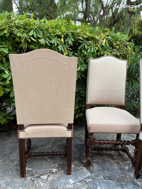 Lot 4 chaises style Louis XIII (torsadées), noyer et lin clouté (image 2)
