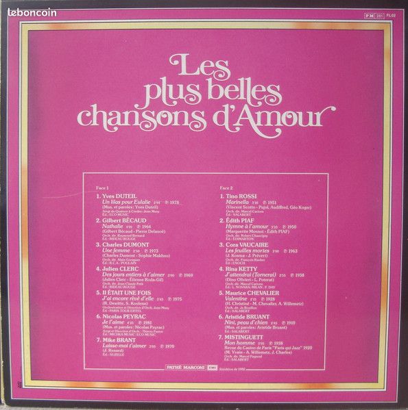 Les Plus Belles Chansons D'amour - Various – Vinyle 33T - Ed. 1982 (image 2)