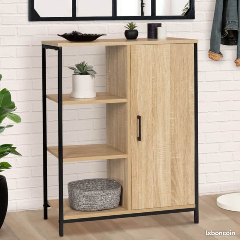 Buffet 3 Etagères et Placard Bois Métal Style Design Industriel 30P x 70l x 81H (image 4)