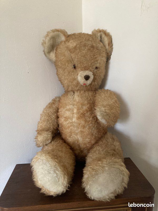 Ours en peluche vintage des années 60/70 avec un pantalon noir - Label Emmaüs