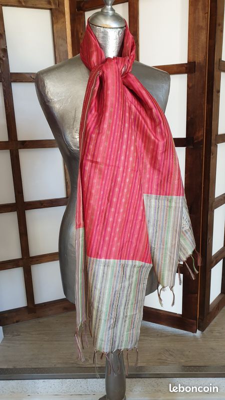 Foulard, étole, écharpe, rouge,100% soie, Afganistan, 55x190cm (image 1)