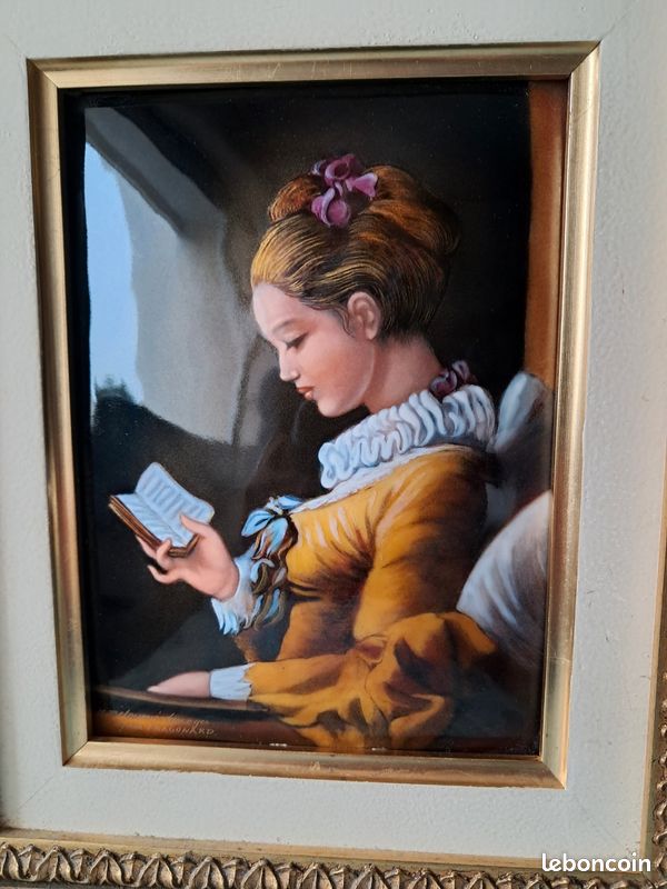 Tableau vintage liseuse en Émaux de Limoges M. Betourne (image 2)