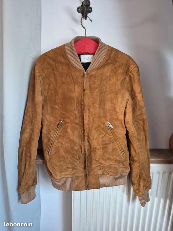 Blouson bombers homme sandro S marron en daim cuir petit defaut