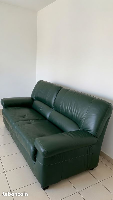 Canapé 3 places en cuir vert foncé – bon état général (image 2)