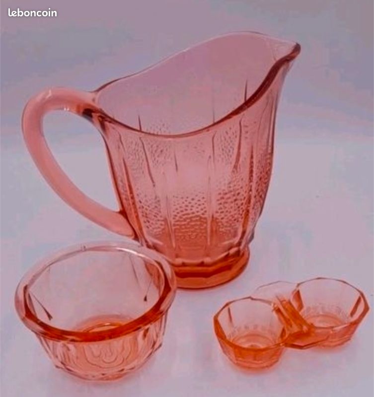 Carafe, coupelle, salière verre rose vintage (image 1)