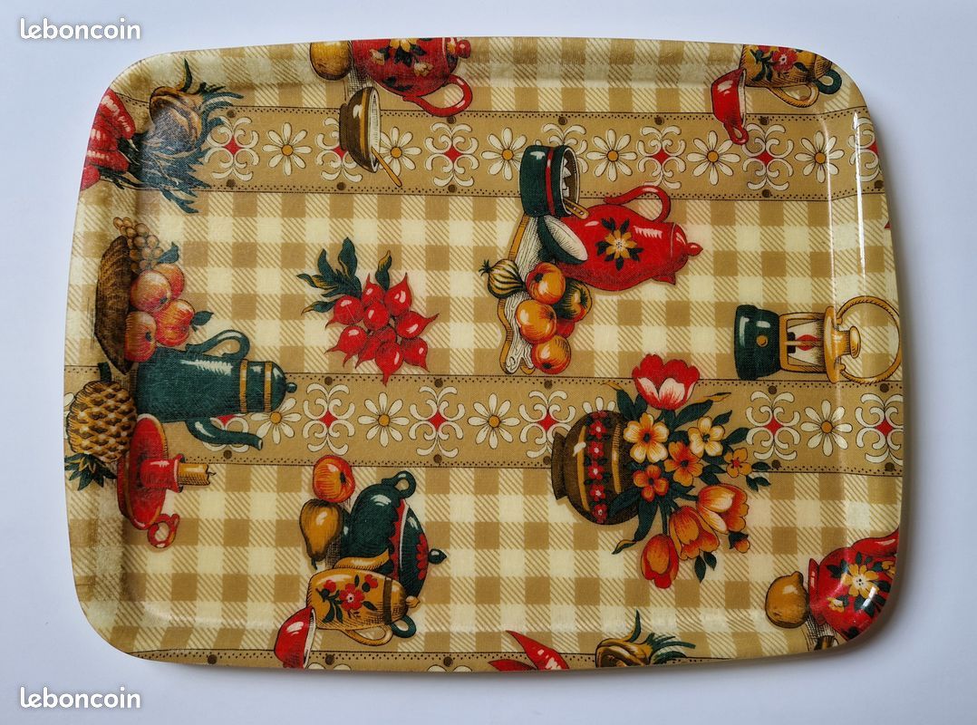 Plateau en fibre de verre, motif nature morte cuisine, vintage 1960 (image 1)