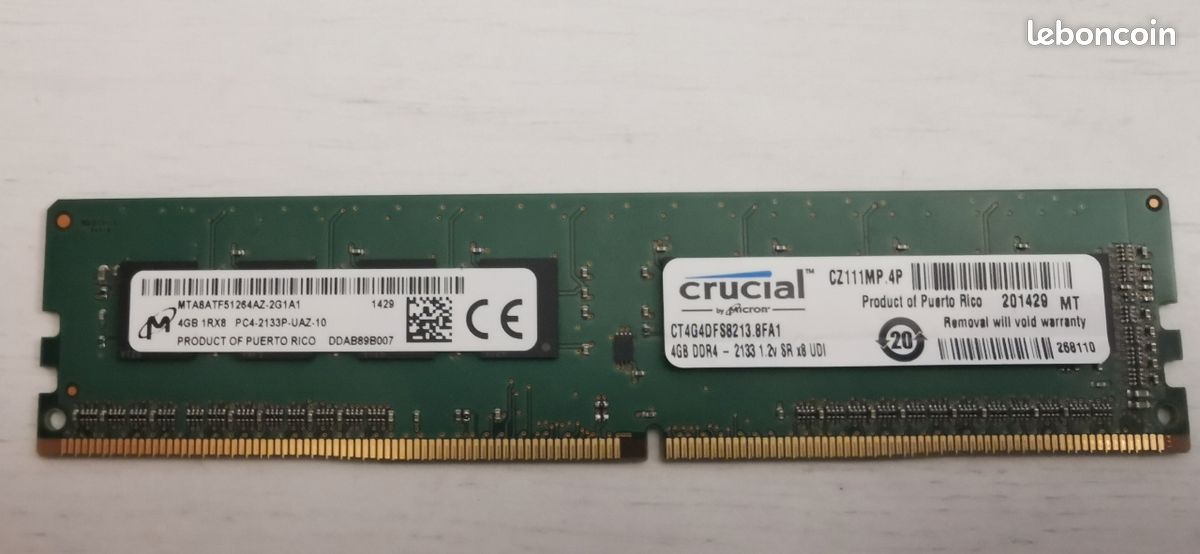 Barrette De RAM Crucial 4GB DDR4 2133MHz PC4-17000 - Pour PC Fixe, Occasion