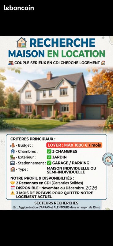 Maison 4 pièces 90 m² · à Arras · 90 m² · 1 000 €/mois