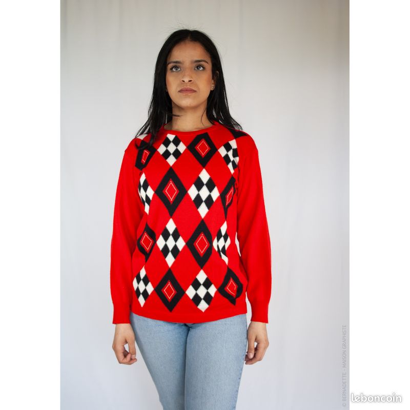 Pull col rond L 40 Vintage Rouge et noir Vêtements