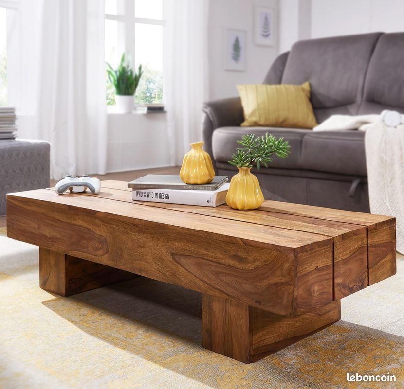 Table Basse de Salon en Sheesham Massif – Design Lattes & Style Maison de Campagne – 120 x 45 cm – Finition Artisanale Unique (image 3)