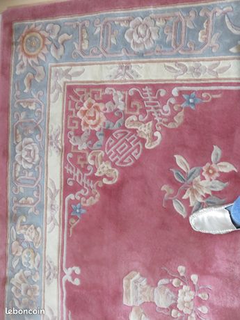 Grand Tapis Chinois Ancien Fait Main - Motif Fleurs Beige Rosé Vert D'eau - 154x253 Cm