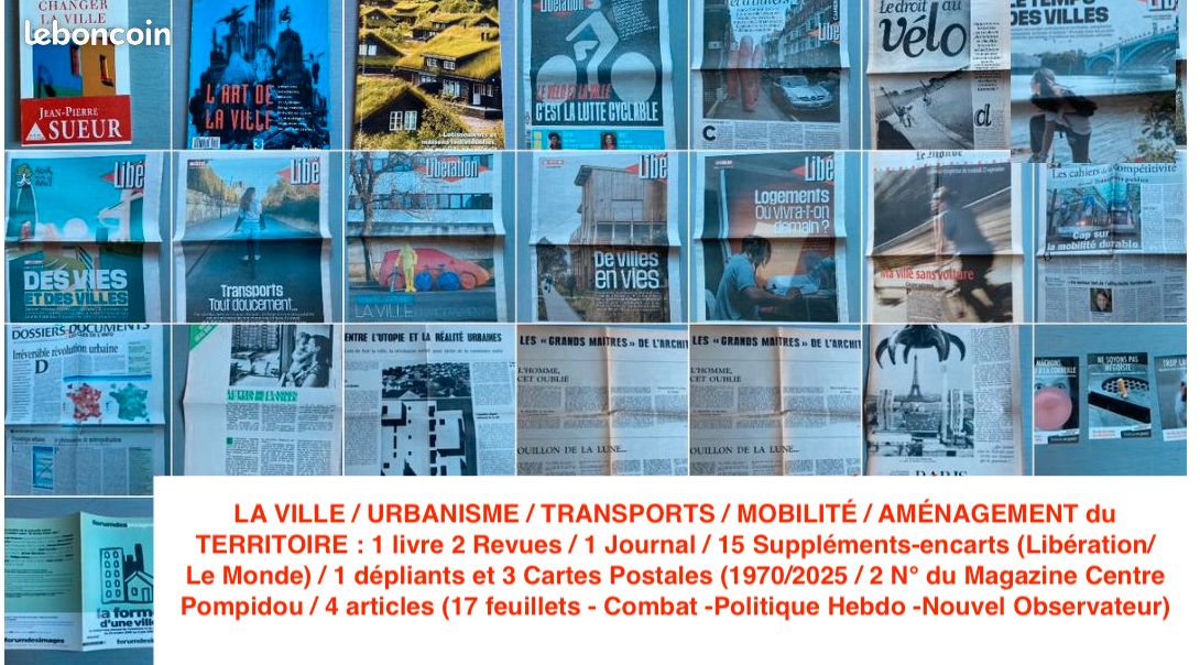 LA VILLE / URBANISME / TRANSPORTS / MOBILITÉ / AMÉNAGEMENT du TERRITOIRE : 1 livre 2 Revues / 1 Journal / 15 Suppléments-encarts (Libération/Le Monde) / 1 dépliants et 3 Cartes Postales (1970/2025 / (image 1)