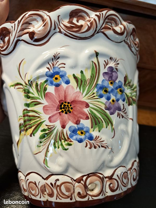 Pot De Fleurs Ancien En Faïence, Décor Fleuri Peint à La Main, Multicolore, 18cm