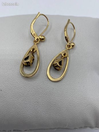 Boucles D'Oreilles Art Déco - Plaqué Or Avec Pierre Noire Et Saphir Blanc - Modèle Clips N4508 - Occasion / Collection