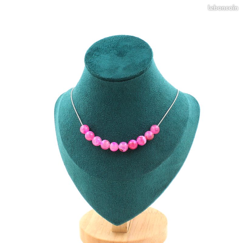 Collier 10 perles Agate craquelé Fuchsia 8 mm (image 1)
