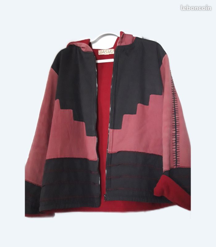 Veste Femme Ethnique Hippie JASHU - Taille L - Coton Noir Et Rouge - Occasion Très Bon état