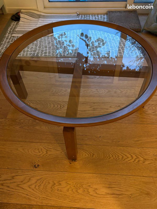 Table basse ronde plateau verre assise noyer (image 3)