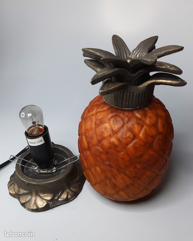 Ancienne et très belle lampe Ananas Pâte de verre ambre & métal patiné style Art Déco (image 10)