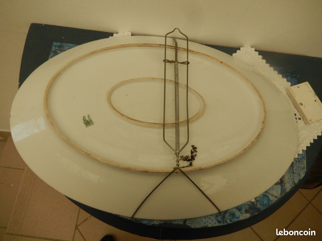 Très grand plat décoratif en porcelaine - coq et poule - Décorateur - tout début 20ème (image 7)