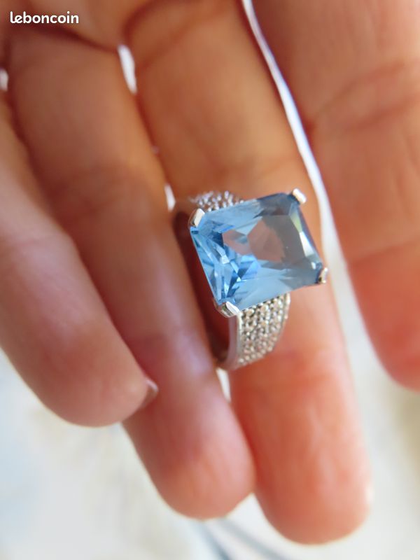 Bague En Argent Massif Avec Topaze Bleue - Taille 59,5/60 (US 9/10), Poids 12g - Neuf Sans Emballage
