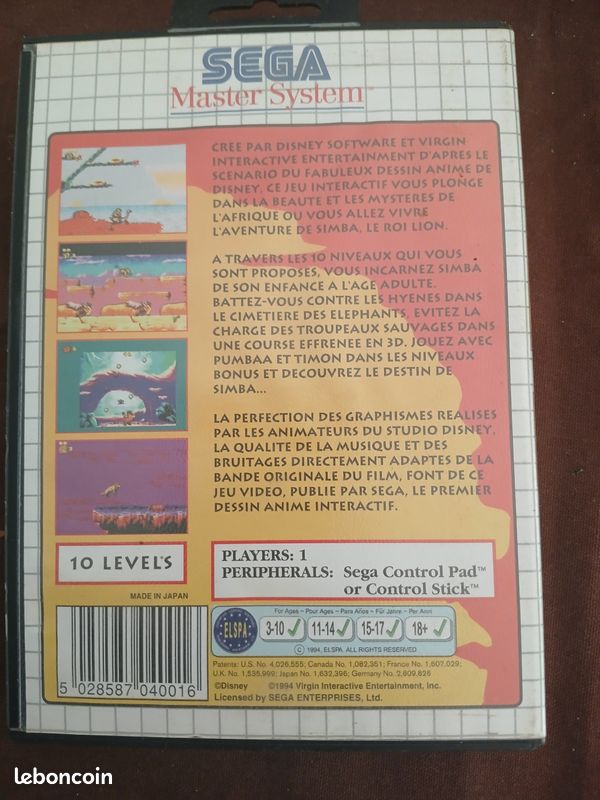 Jeu Vidéo Le Roi Lion - Sega Master System - Cartouche Et Notice En Bon état