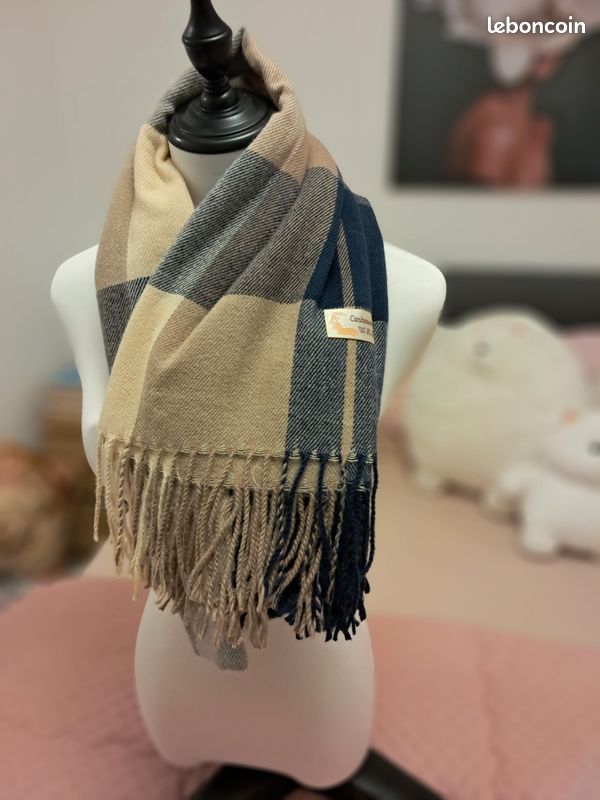 Étole Châle Femme Cachemire, Bleu Marine Et Beige, Plaque, Top Qualité, Neuve