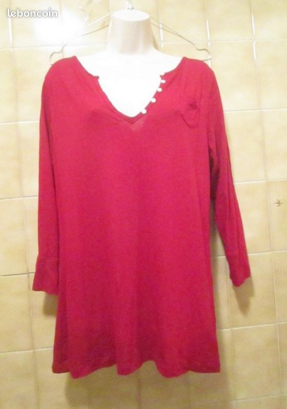 T-shirt long / tunique rouge LOOG en coton, col évasé, décolleté, manches confortables, t. 38 (image 4)